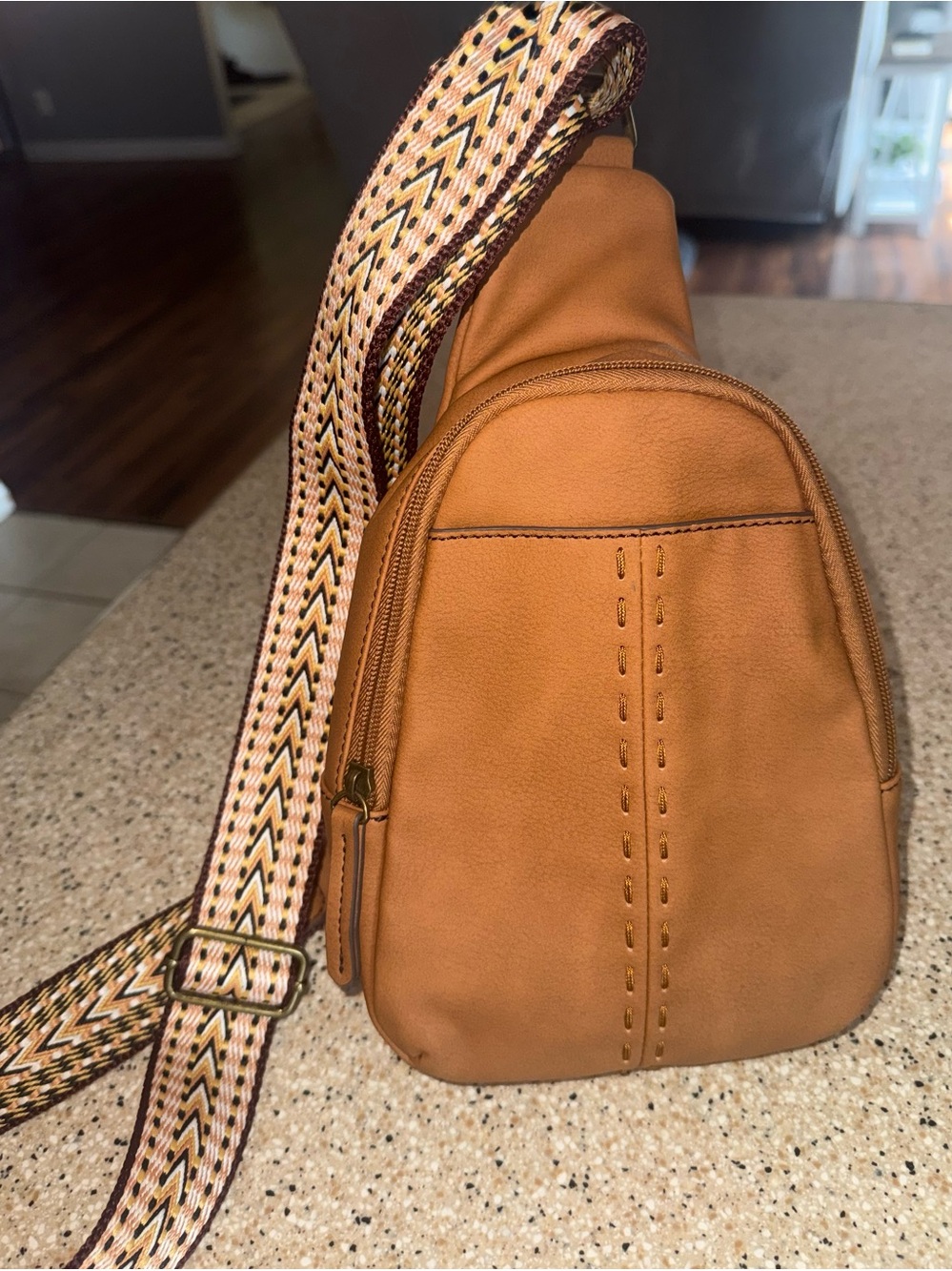 a.n.a. Tan Leather Crossbody Sling Bag with Patterned Strap